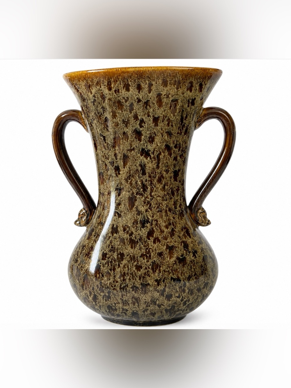 Double Handled Brown Spotted Vase Gorgeous Hand Crafted 12”